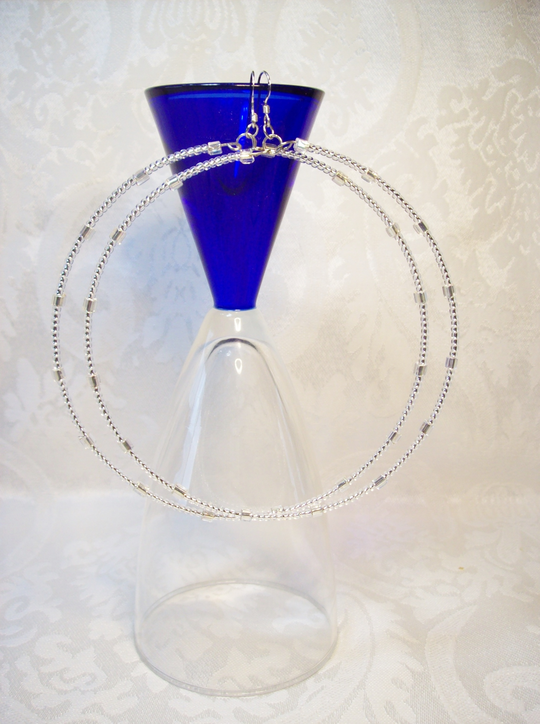 Clear Silver lined Lg. Hoop Earrings  with Sterling Silver hooks 