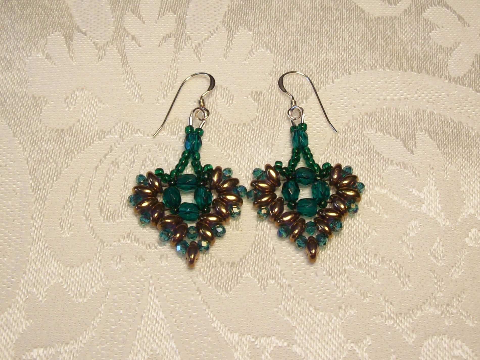 Green and Gold Heart Earrings with Sterling Silver hooks 