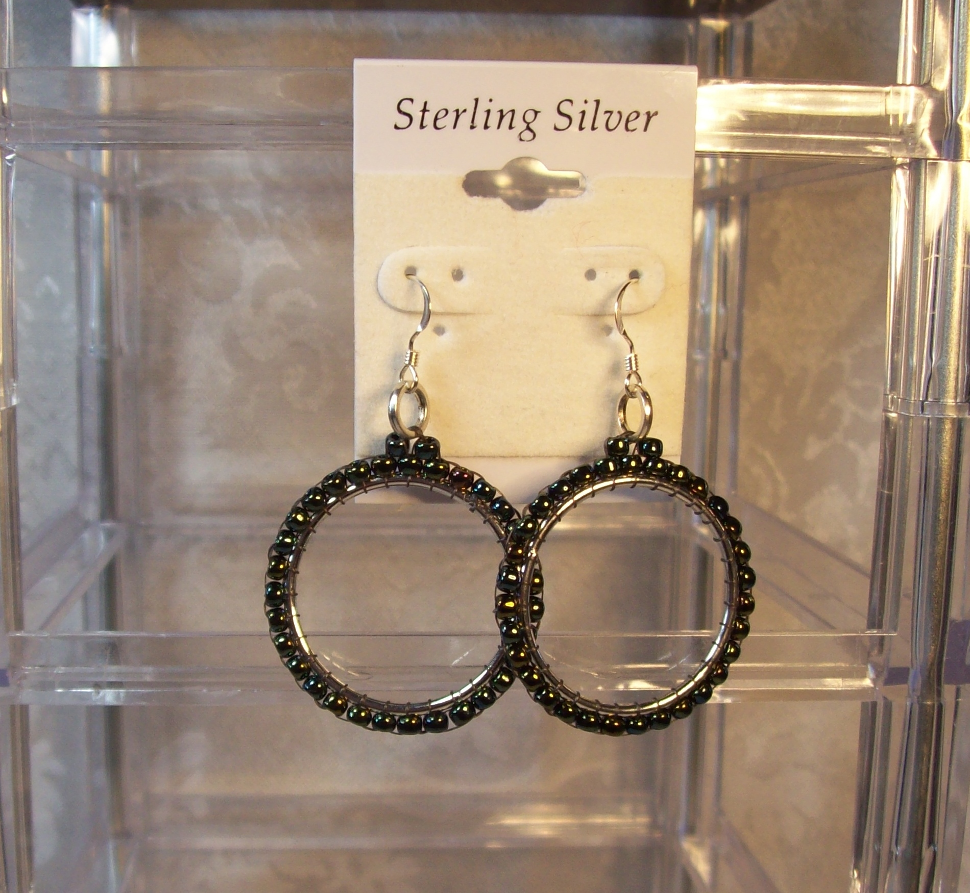 Dark Green seed bead Hoop Earrings with Sterling Silver hooks
