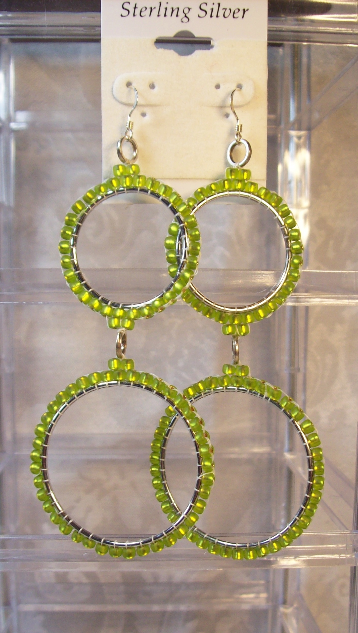 Double Green Hoop Earrings with Sterling Silver hooks 