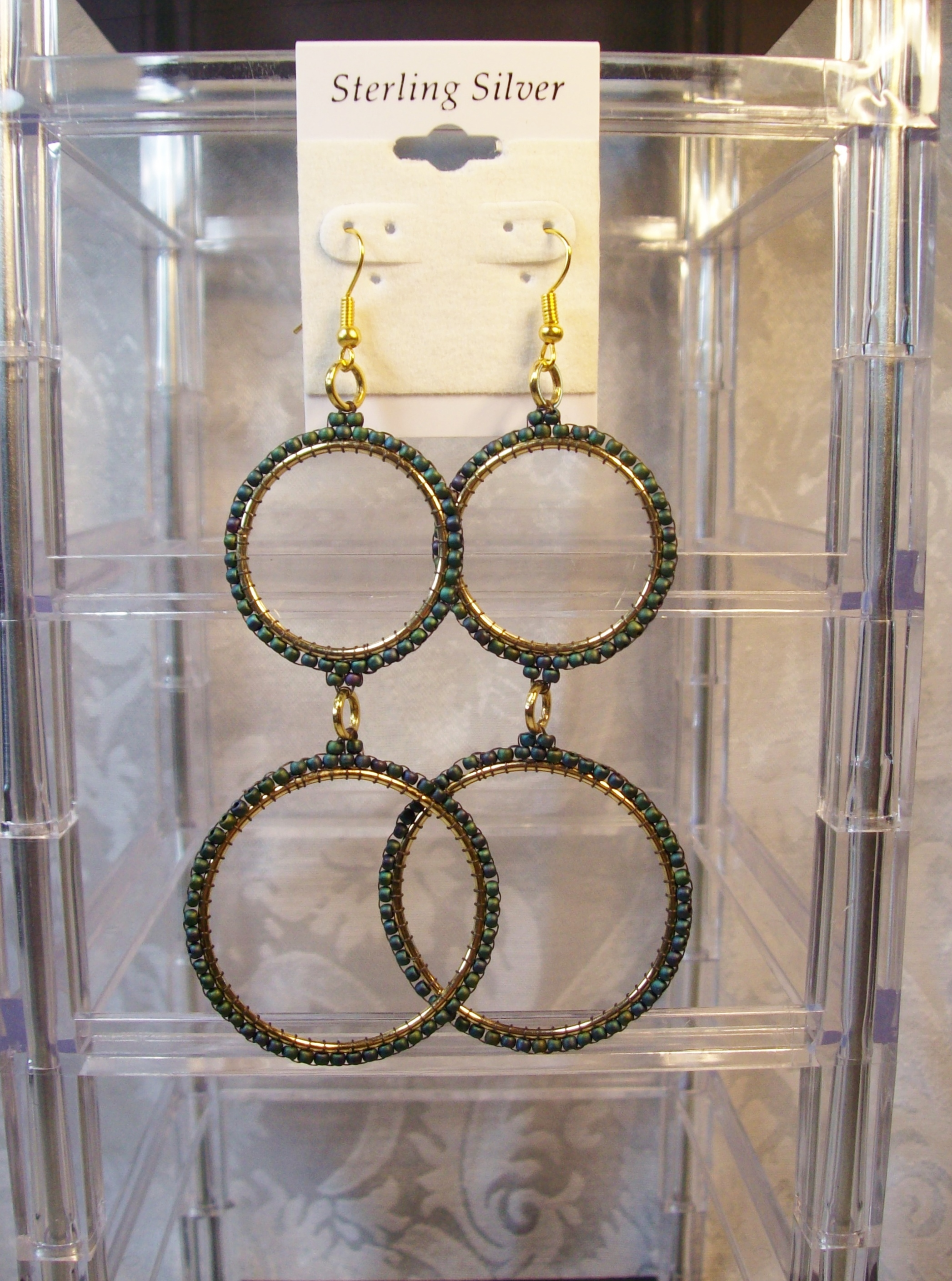 Double Green  Hoop Earrings with Sterling Silver hooks 