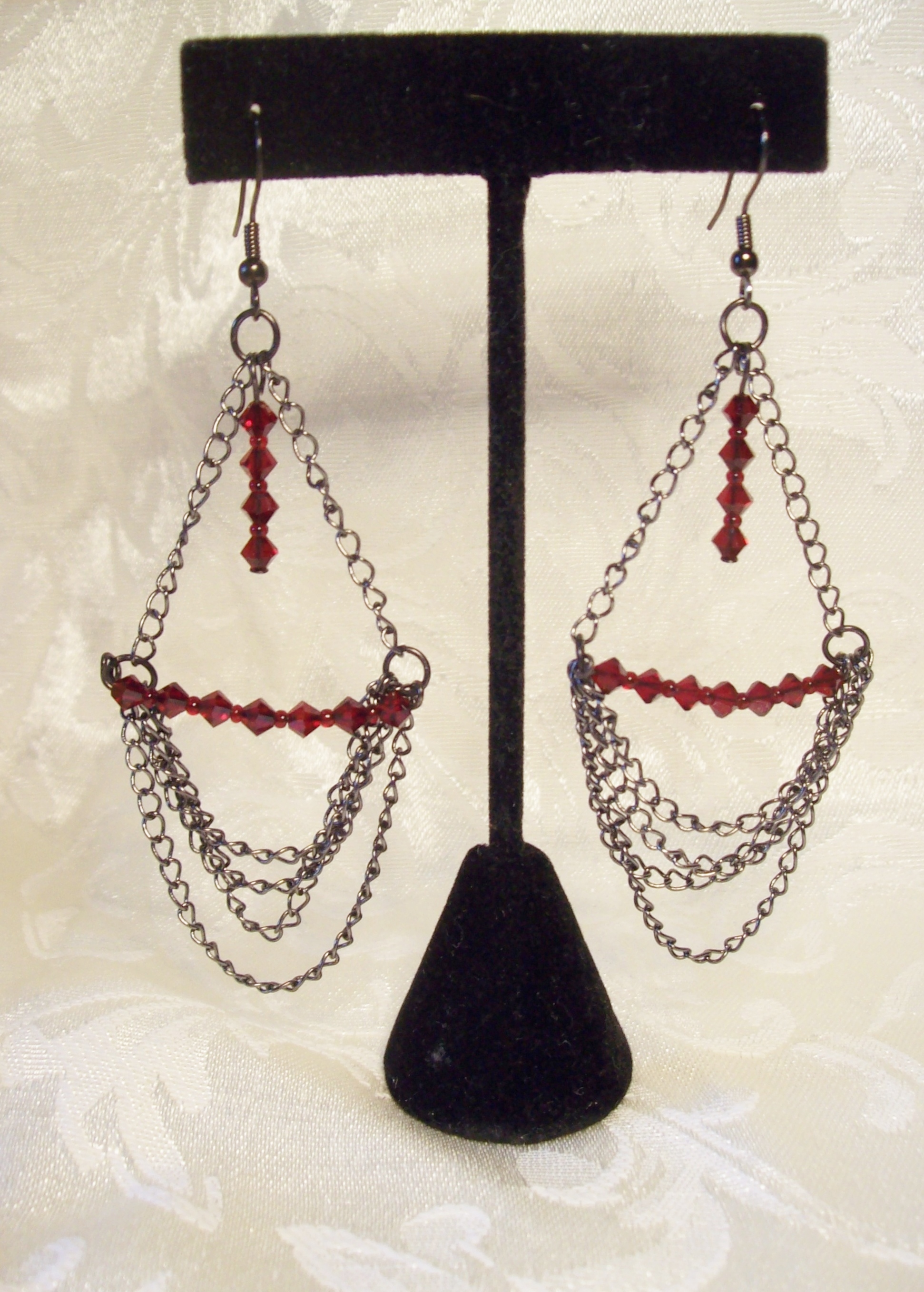 Red Swarovski & Gunmetal Chain Earrings 