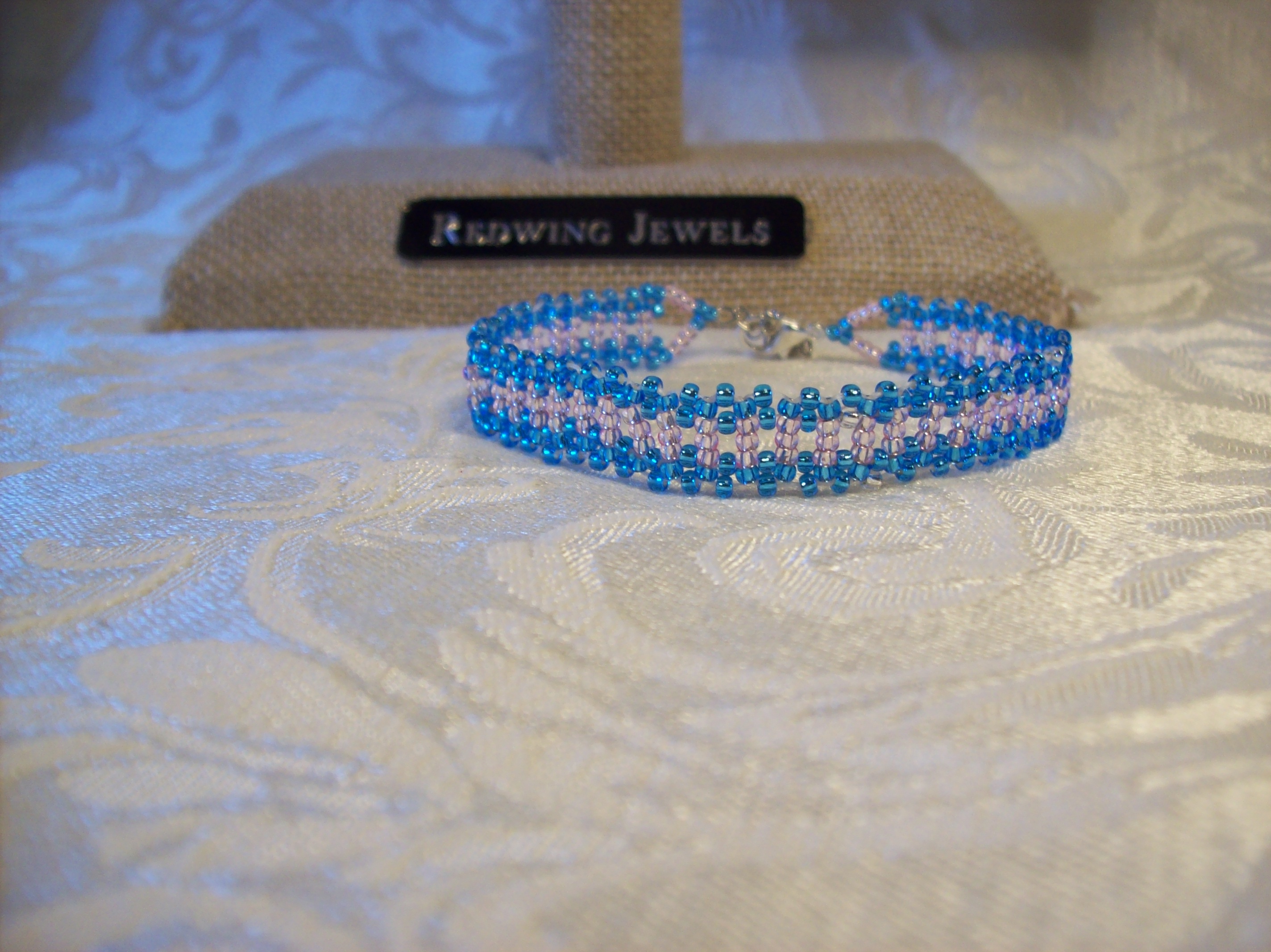 Blue and Pink Lace Bracelet with a Silver Plated clasp