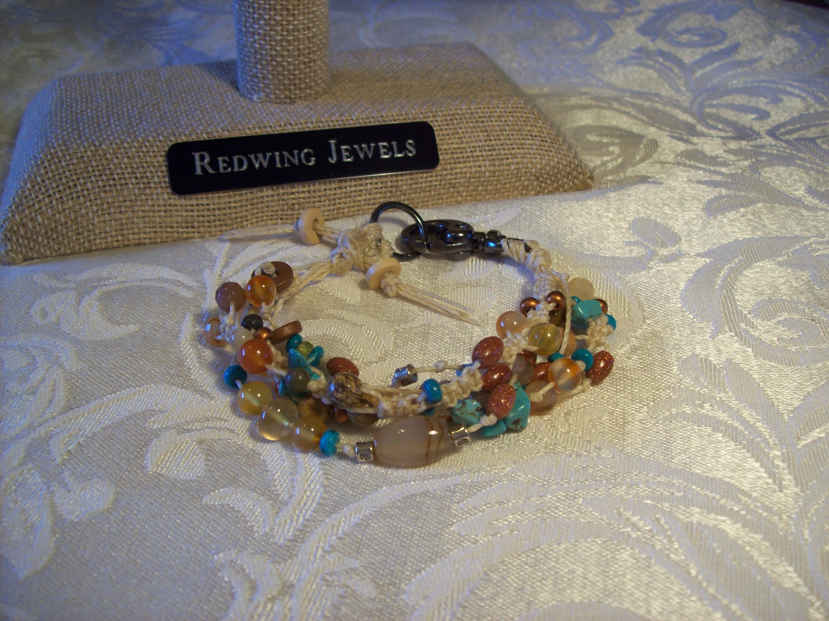 Turquoise, Agate, Goldstone, Picture Jasper  Knotted and Macramé  Bracelet