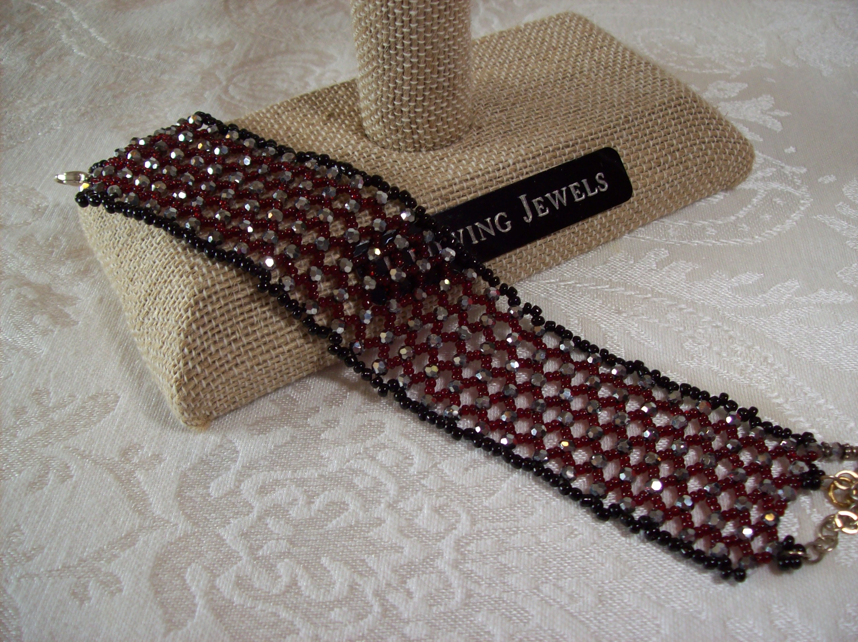 Netted Silver Sparkle glass with Red toho glass Bracelet 