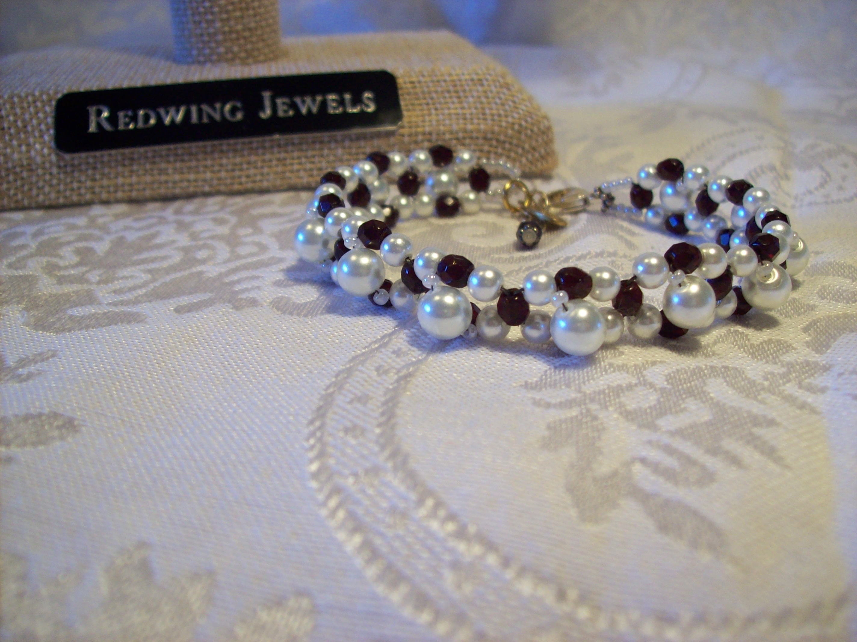 White glass Pearls and Faceted red  Czech glass Bracelet 