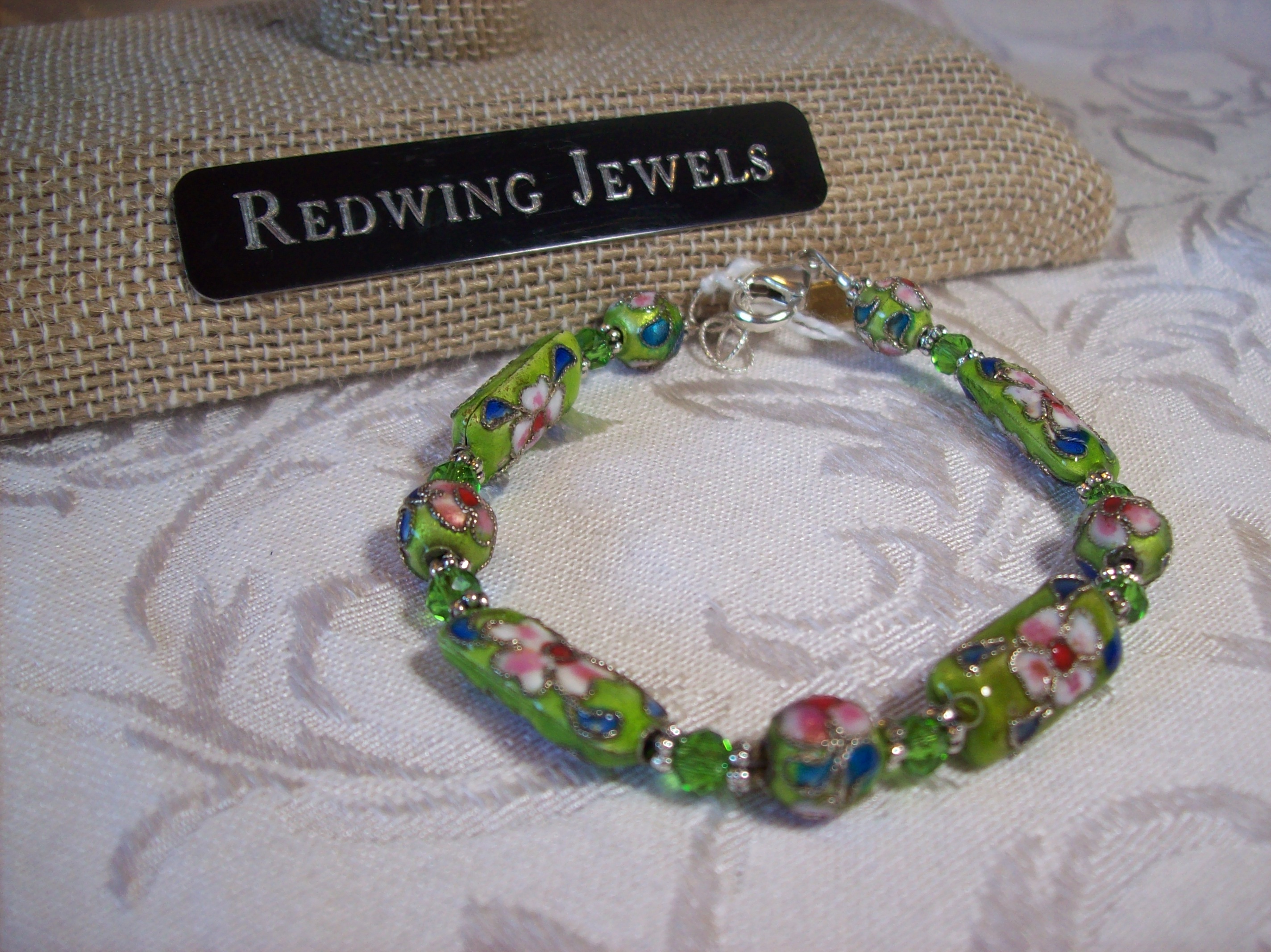 Green Cloisonné with green faceted glass Bracelet Length 7-7.5 inches 