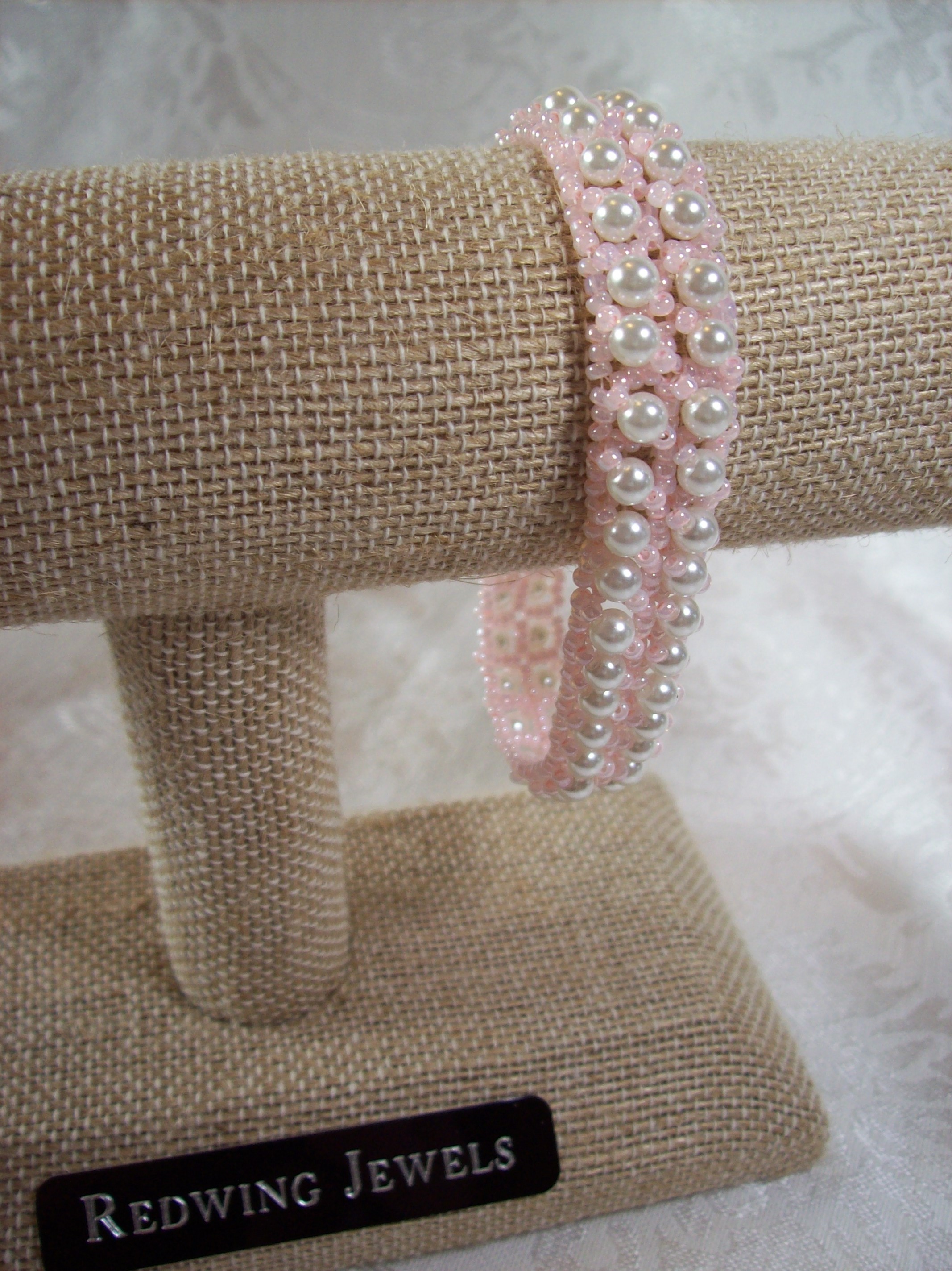 White Glass Pearls with Pink accents  Bracelet 