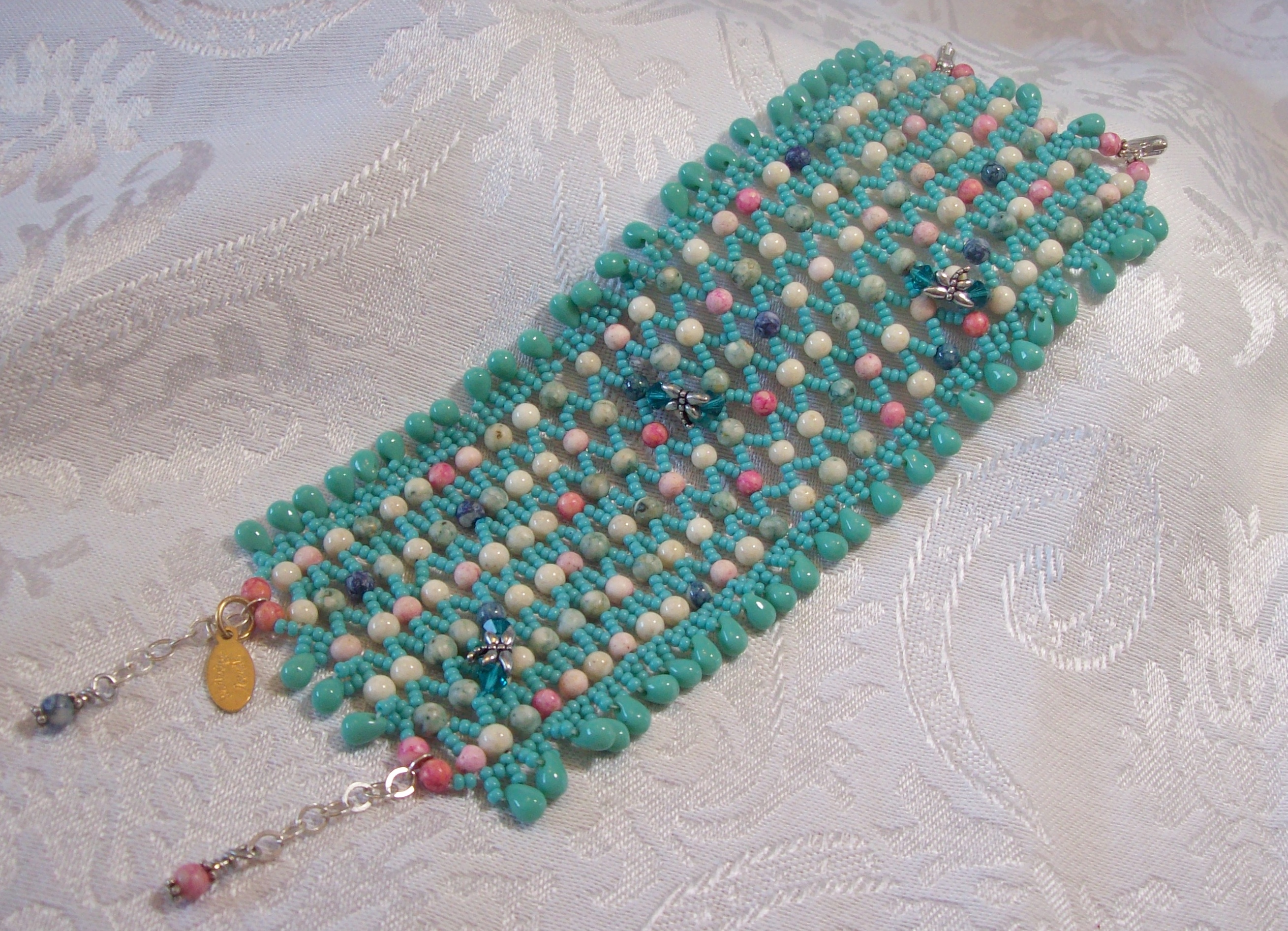 Dragonfly has Fossil Stone with accents of Swarovski crystal Cuff Bracelet