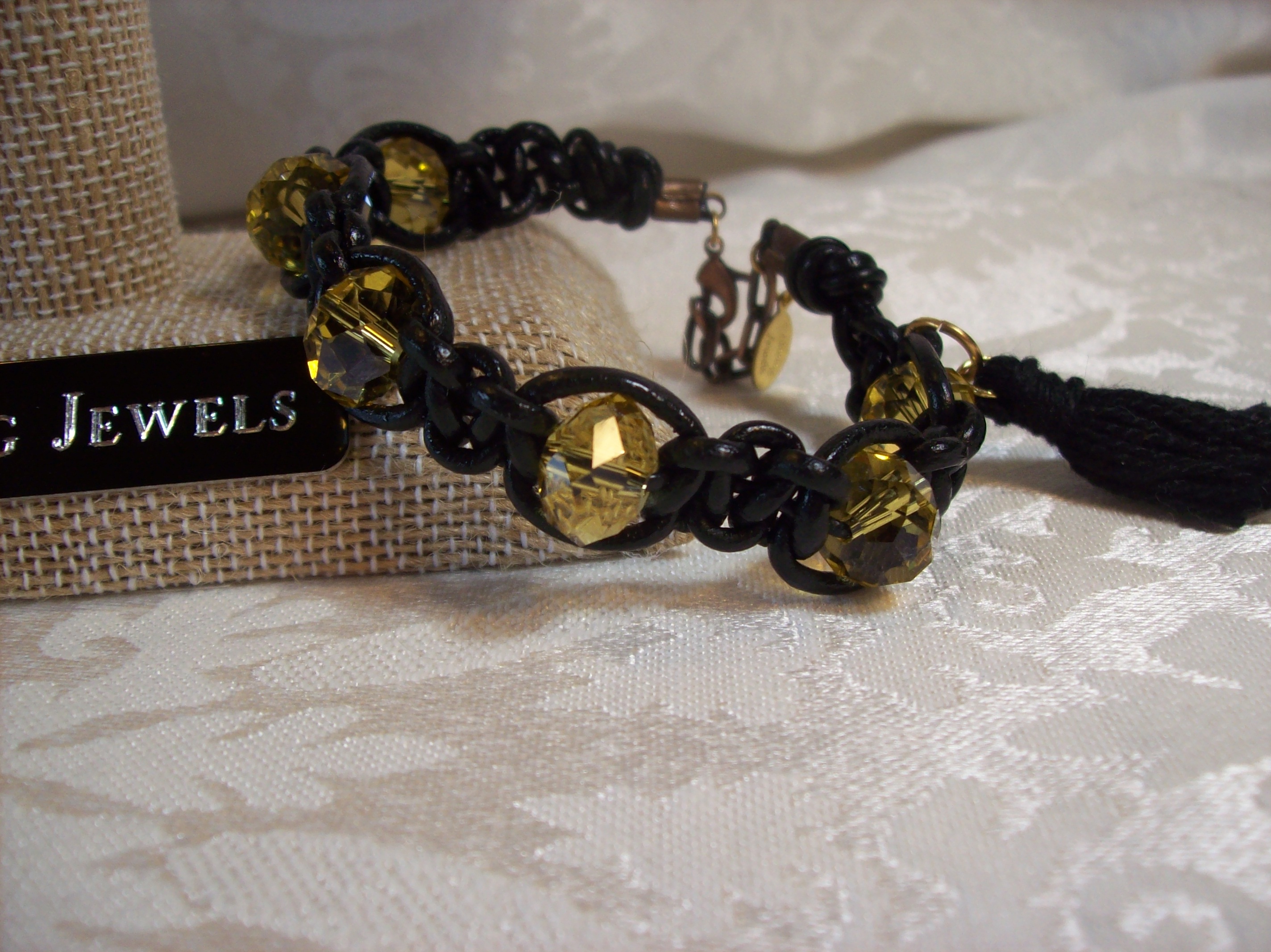  Black Leather & Gold Faceted glass Bracelet 