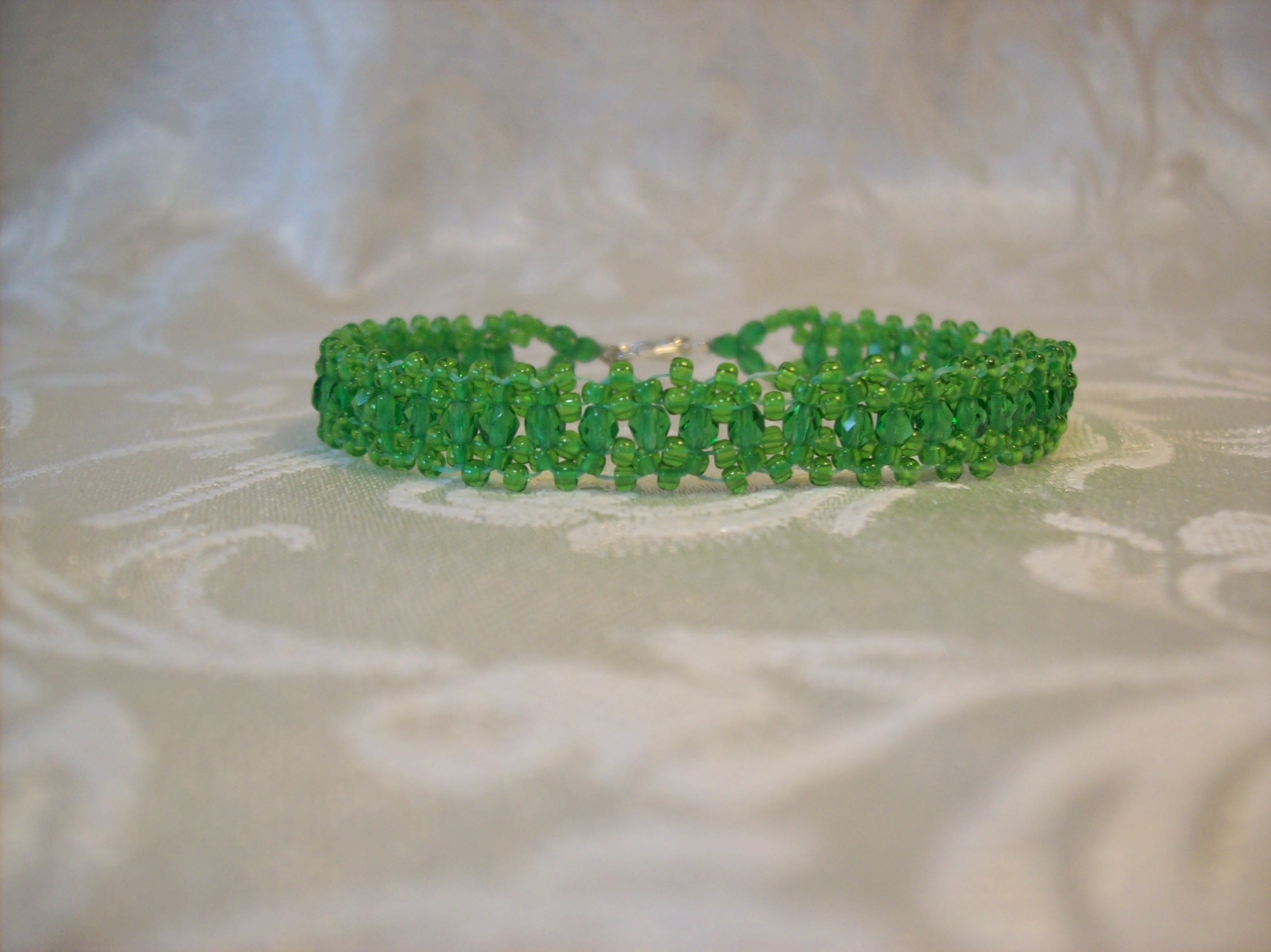 Czech Fire Polished Glass Green Lace Bracelet 