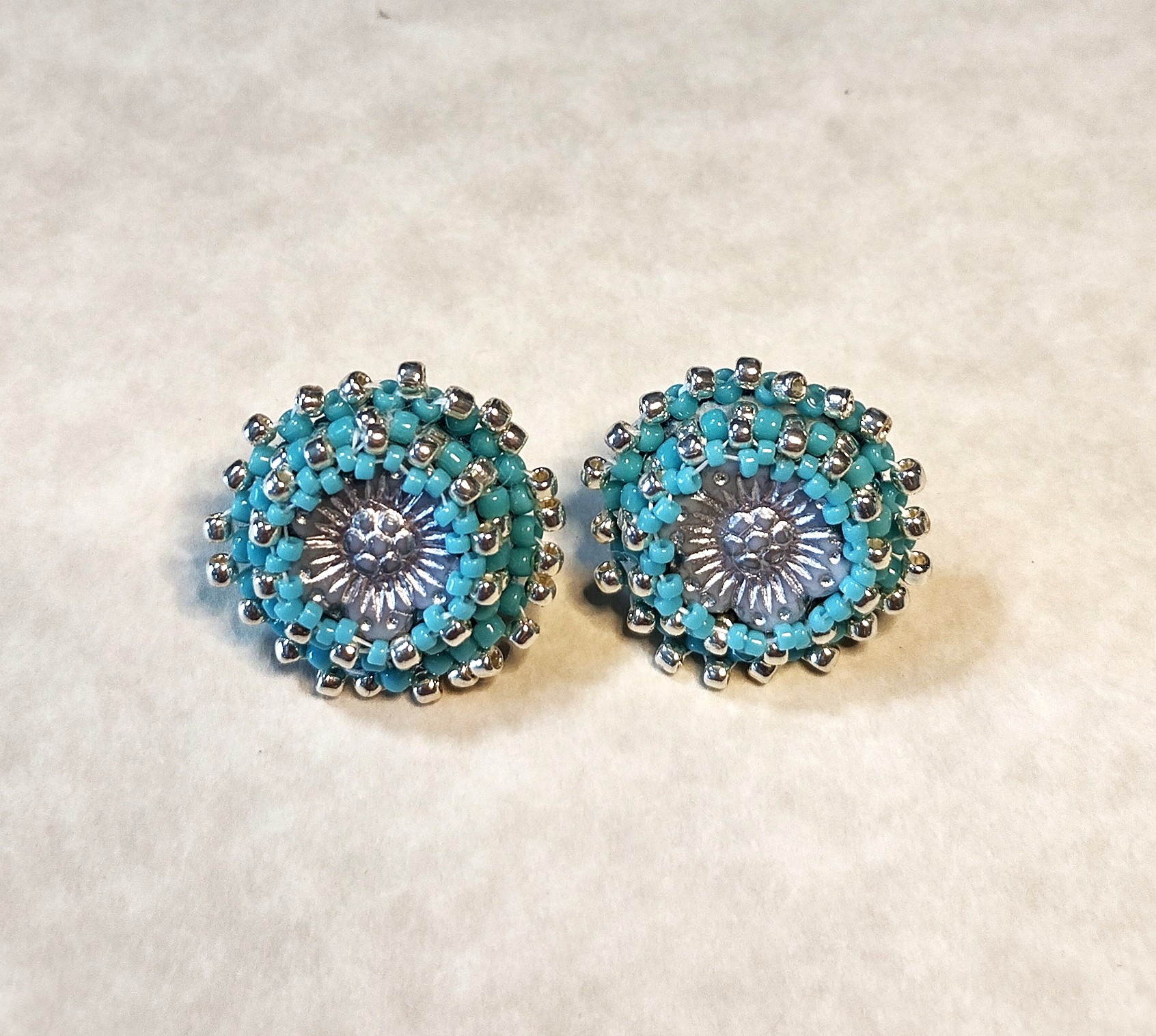 Bead Embroidery Turquoise Flower Earrings