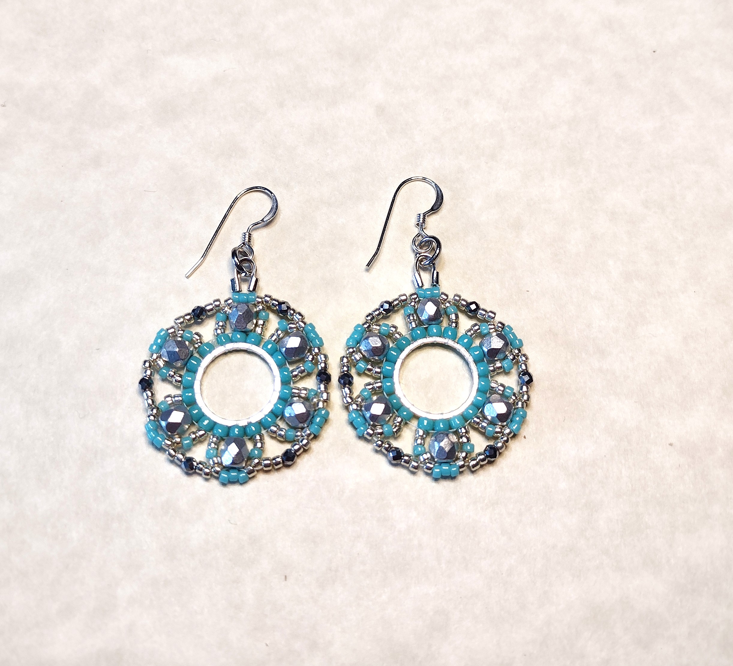 Silver and Blue Round Ring Earrings