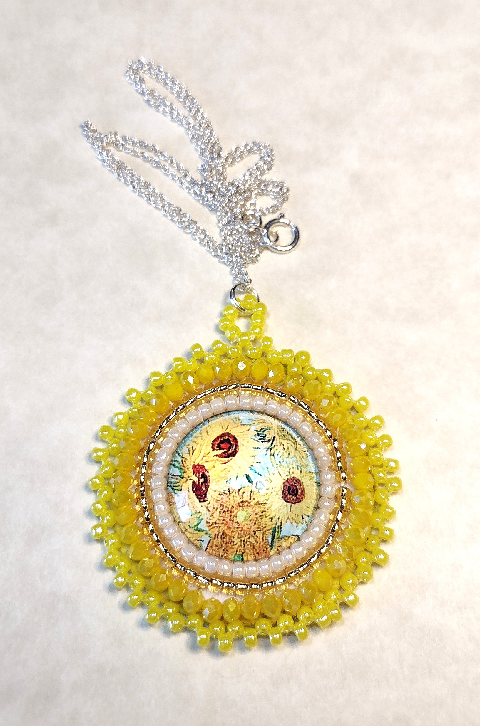 Bead Embroidery Van Gogh Sunflowers Pendant Necklace