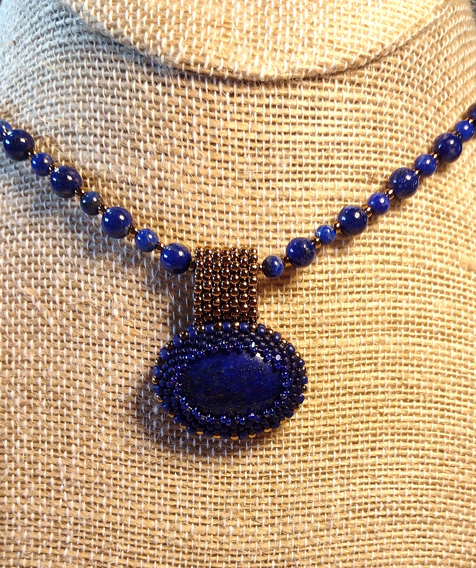 Beaded Lapis Lazuli Pendant Necklace with a Lapis Lazuli beaded chain