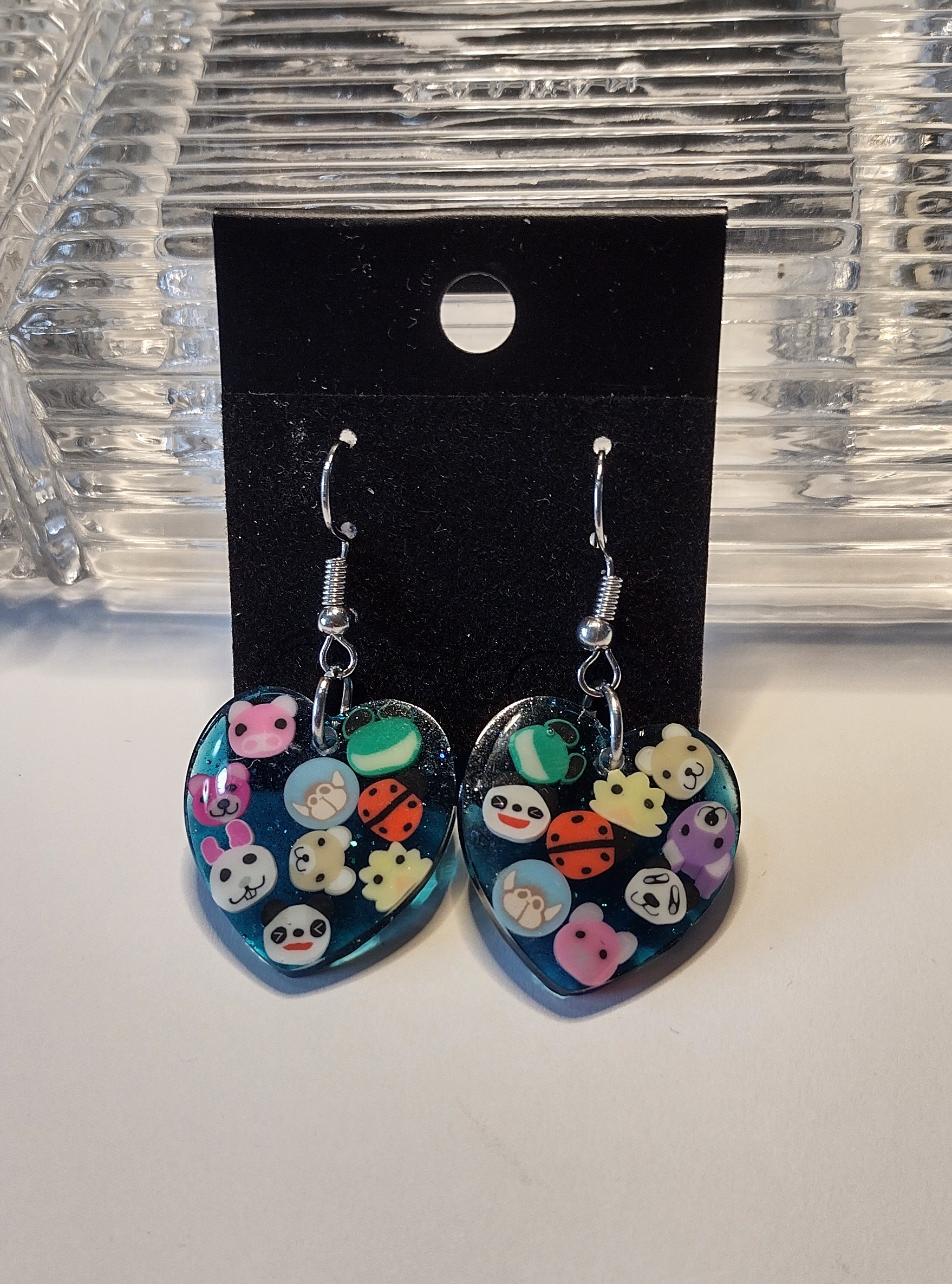 Resin Blue Animal Heart Earrings 