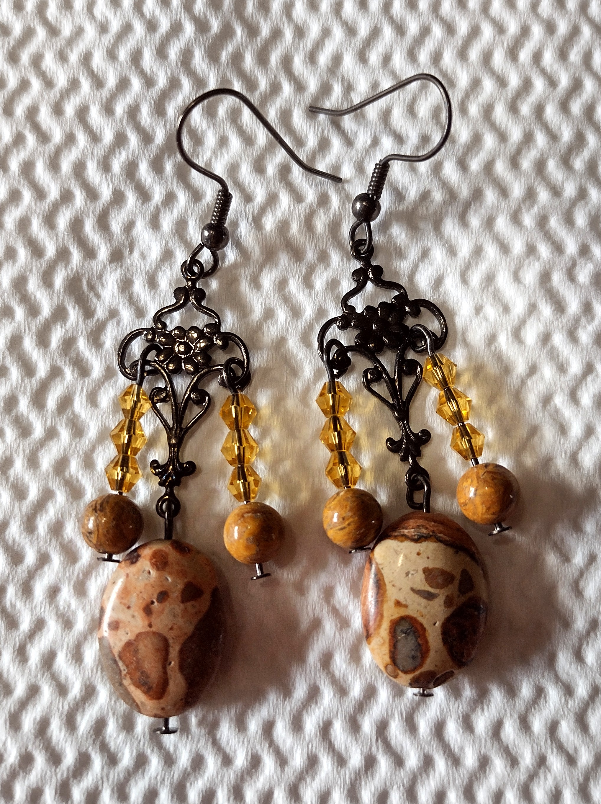 Swarovski and Elephant Skin Jasper Earrings with Gunmetal hooks 