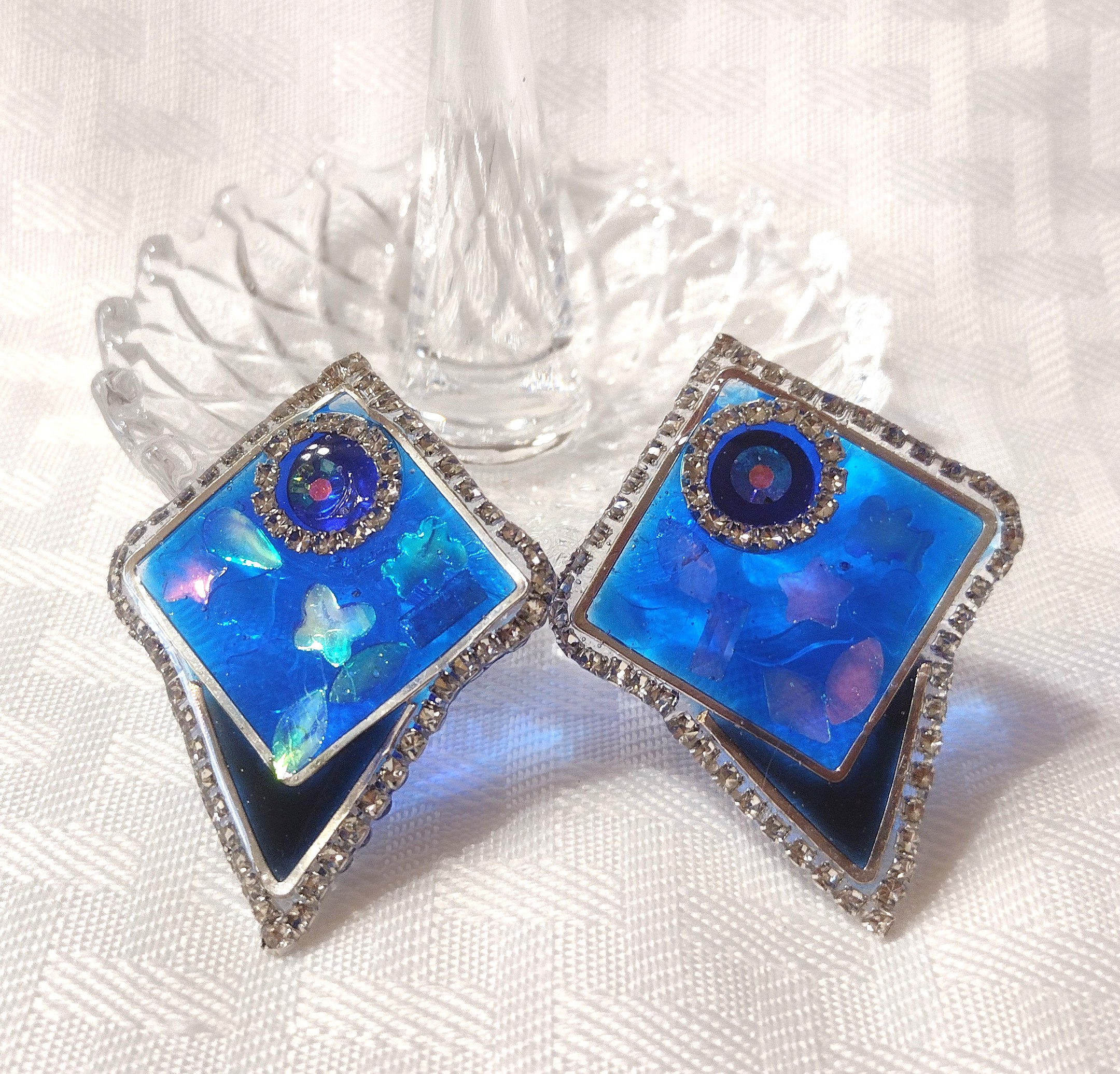 Resin Blue and Black Art Deco Post Earrings