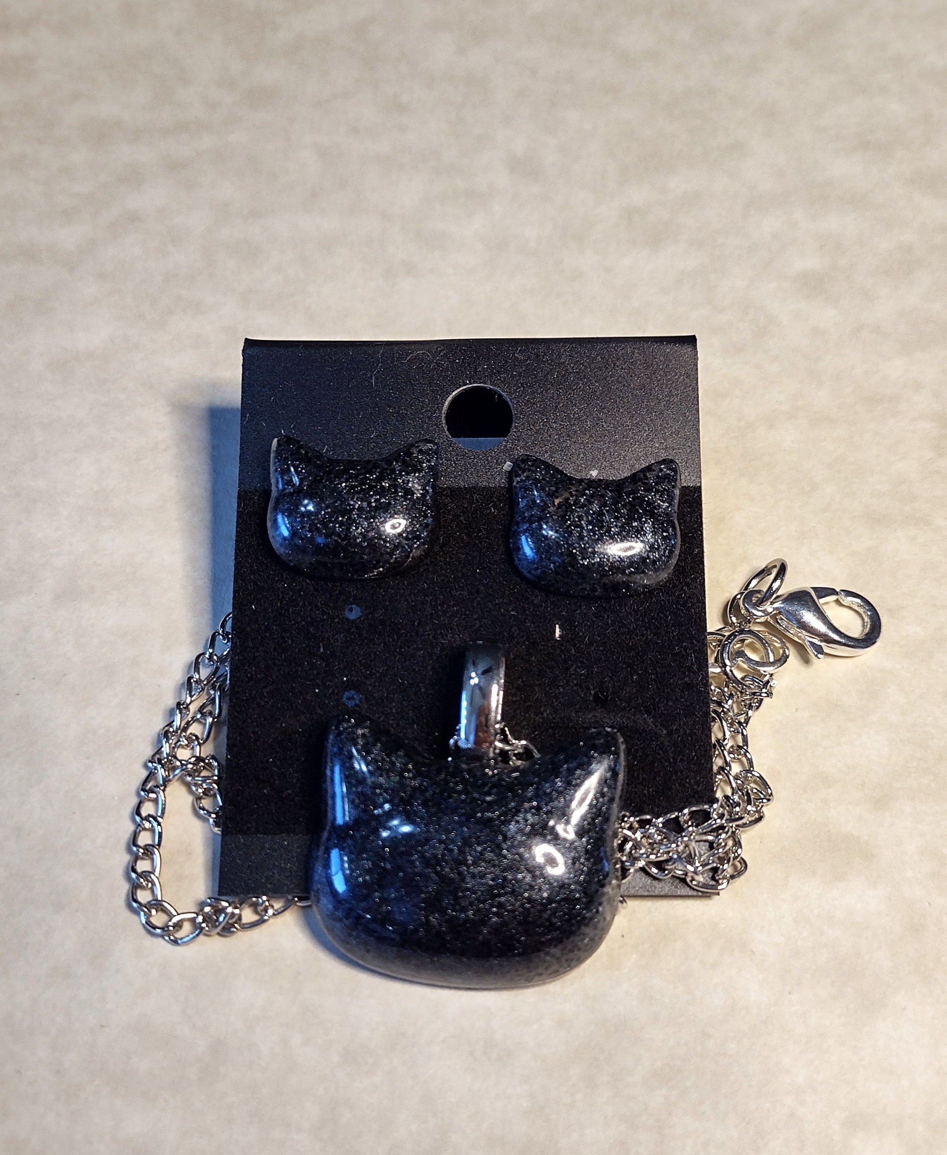 Resin Black Cat Necklace & Earrings