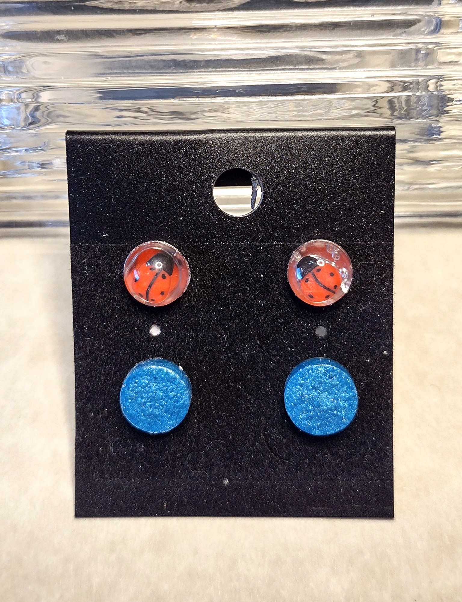 Mini Resin Ladybugs & Blue Dot Post Earrings