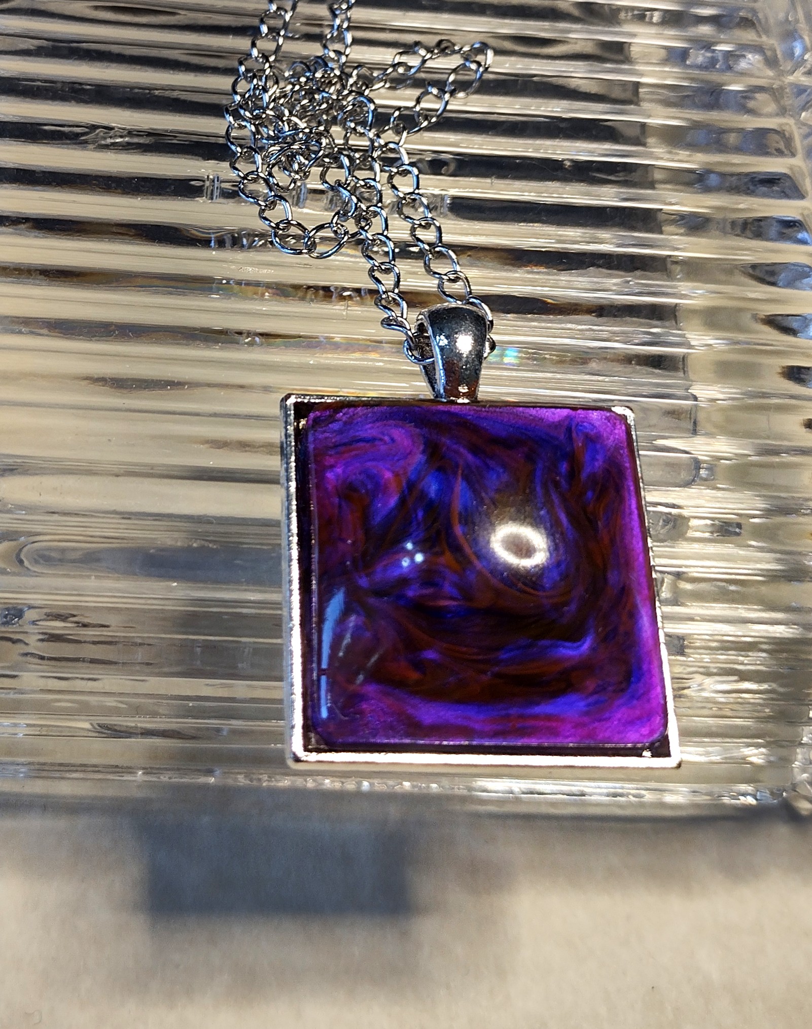 Purple & Blue Resin Square Nebula Pendant Necklace