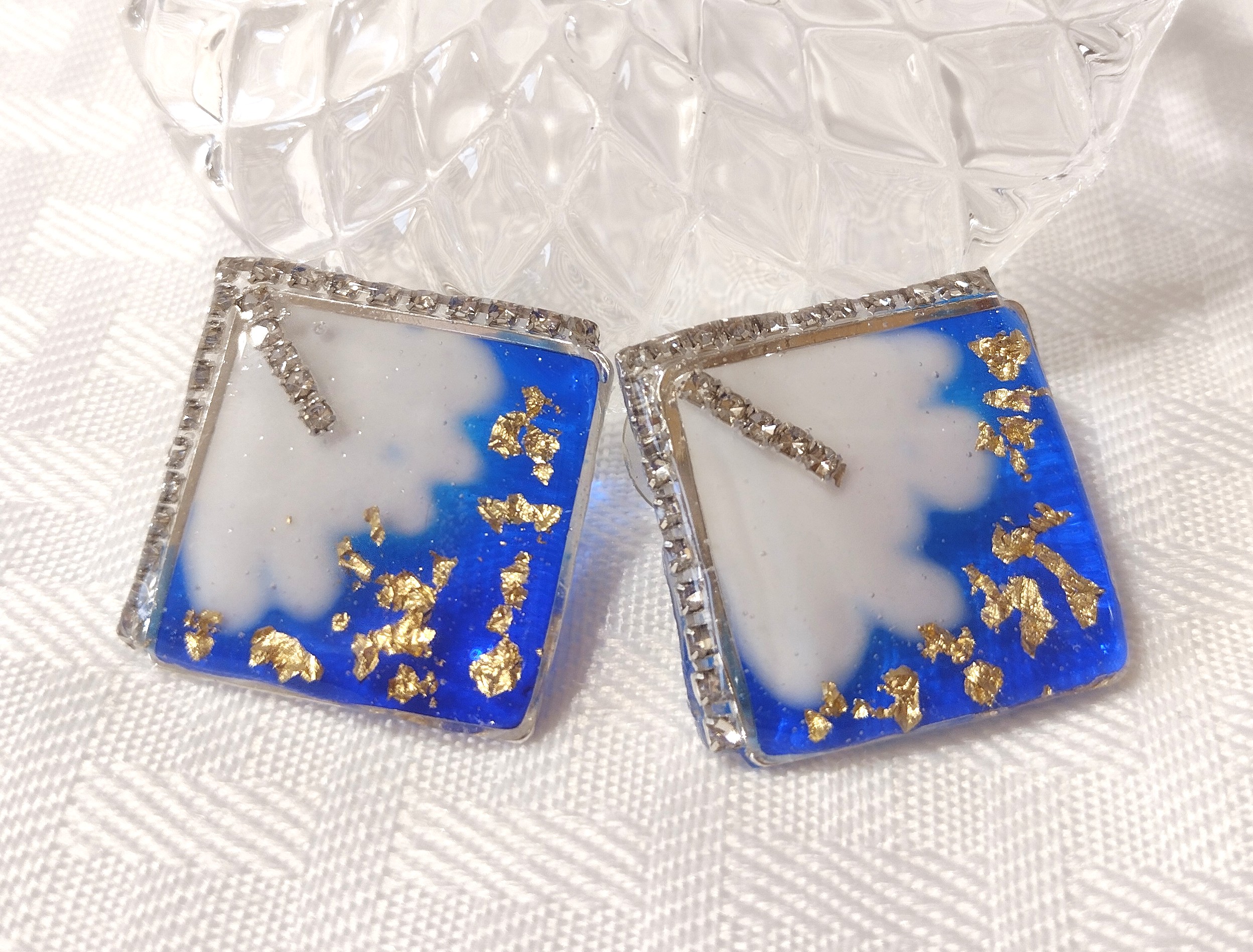 Blue and White Resin  Post Earrings