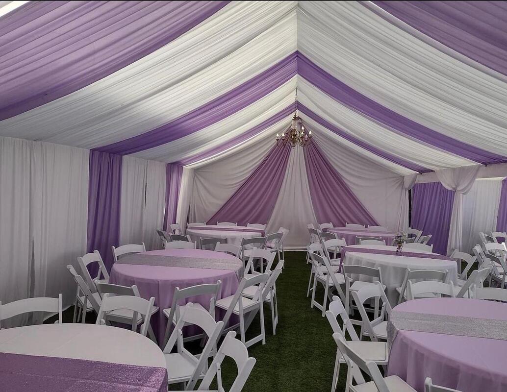 20x40 Tent Draping- 64 Guests, 8 Round Tables, 64 Resin Folding Chairs, 2 Chandeliers, 8 Round Tablecloths, 8 Overlays or Runners ​