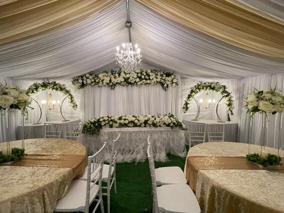 30x60 Tent Draping - 150 Guest 18 Round Tables, 150 Resin Folding Chairs, 3 Chandeliers, 18 Round Tablecloths, 18 Overlays or Runners
