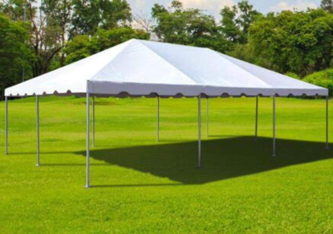 30x30 Tent Rental Packages - 80 Guests, 9 Round Tables, 80 Resin Chairs, 1 Globe Lighting