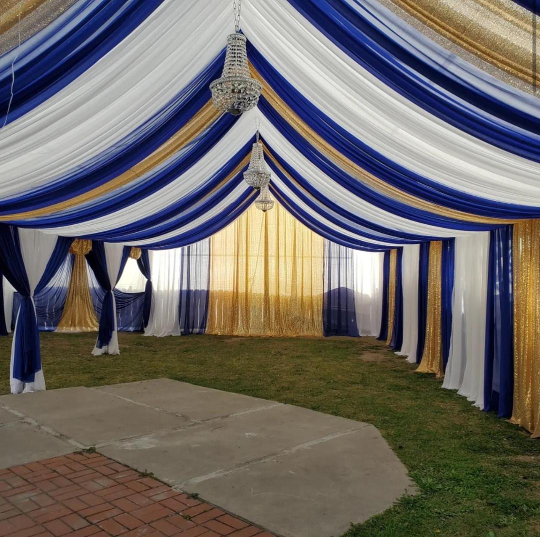 20x20 Tent Draping - 32 Guests, 4 Round Tables, 32 Resin Folding Chairs, 1 Chandelier, 4 Round Tablecloths, 4 Overlays or Runners ​