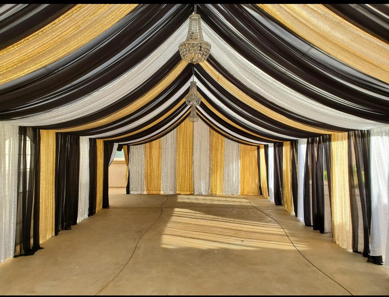 20x30 Tent Draping - 48  Guests, 6 Round Tables, 48 Resin Folding Chairs, 1 Chandelier, 6 Round Tablecloths, 6 Overlays or Runners 