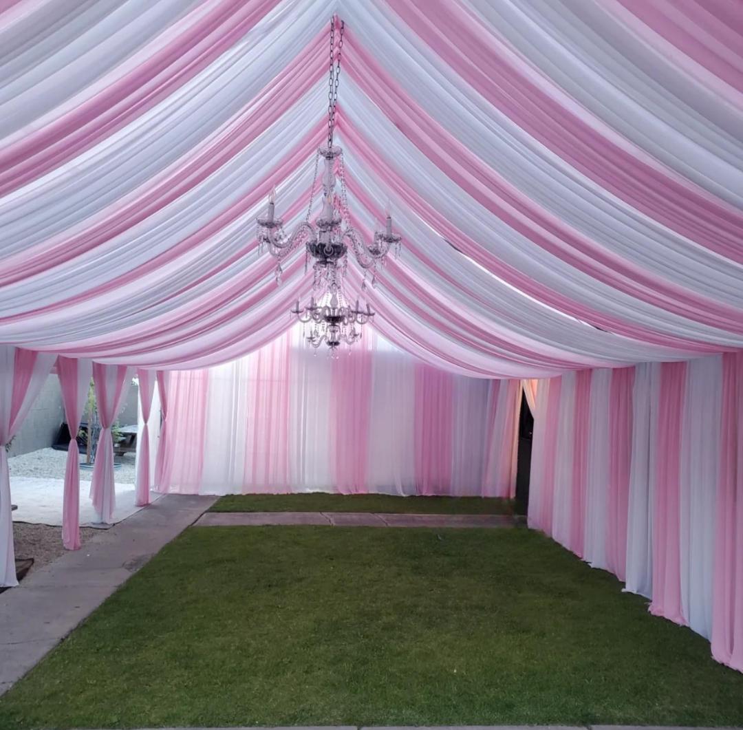 20x30 Tent Draping - 48  Guests, 6 Round Tables, 48 Resin Folding Chairs, 1 Chandelier, 6 Round Tablecloths, 6 Overlays or Runners 