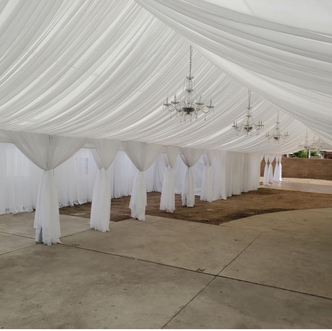 20x40 Tent Draping- 64 Guests, 8 Round Tables, 64 Resin Folding Chairs, 2 Chandeliers, 8 Round Tablecloths, 8 Overlays or Runners 