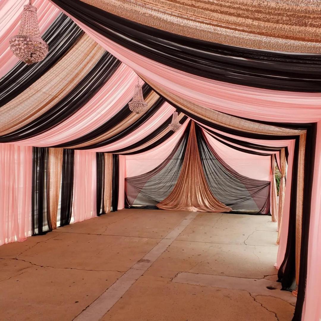 20x50 Tent Draping - 80 Guests, ​10 Round Tables, 80 Resin Folding Chairs, 3 Chandelier, 10 Round Tablecloths, 10 Overlays or Runners