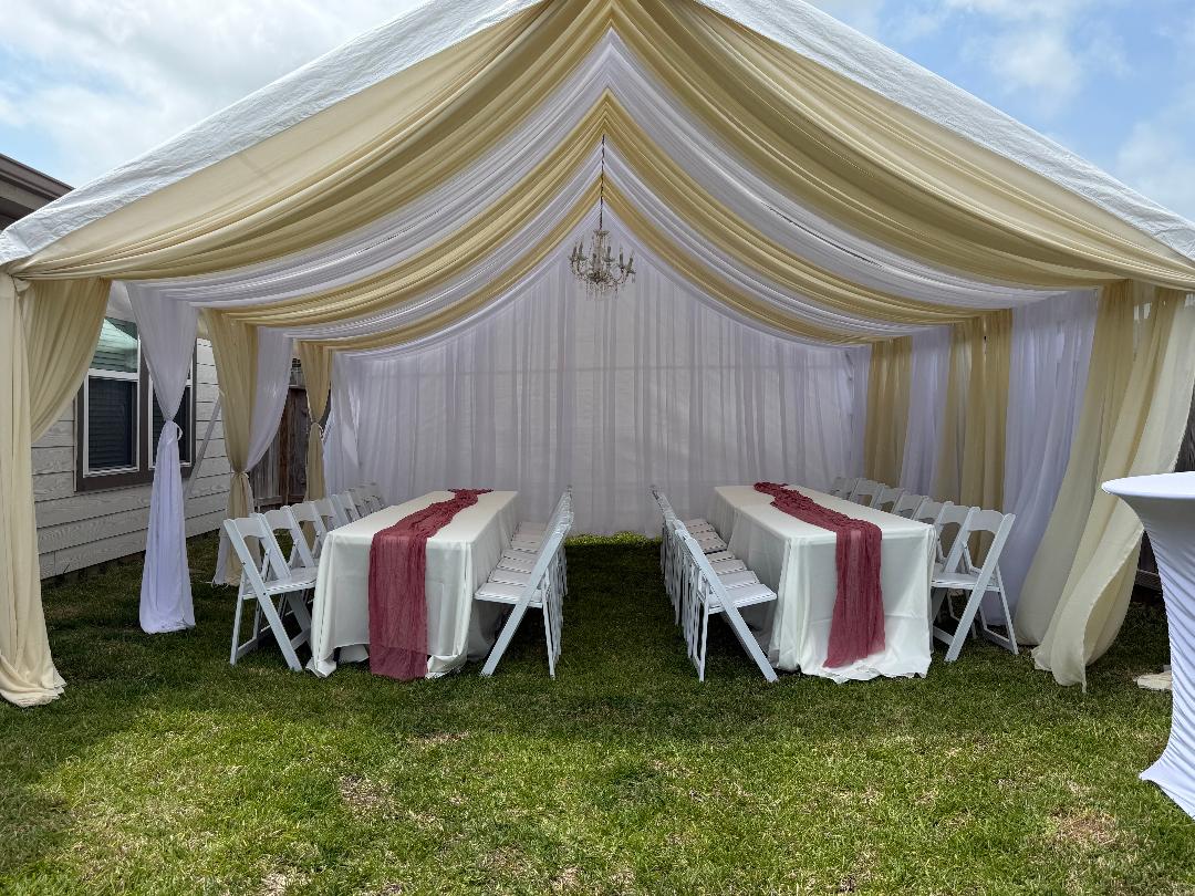 20x20 Tent Draping - 32 Guests, 4 Round Tables, 32 Resin Folding Chairs, 1 Chandelier, 4 Round Tablecloths, 4 Overlays or Runners ​