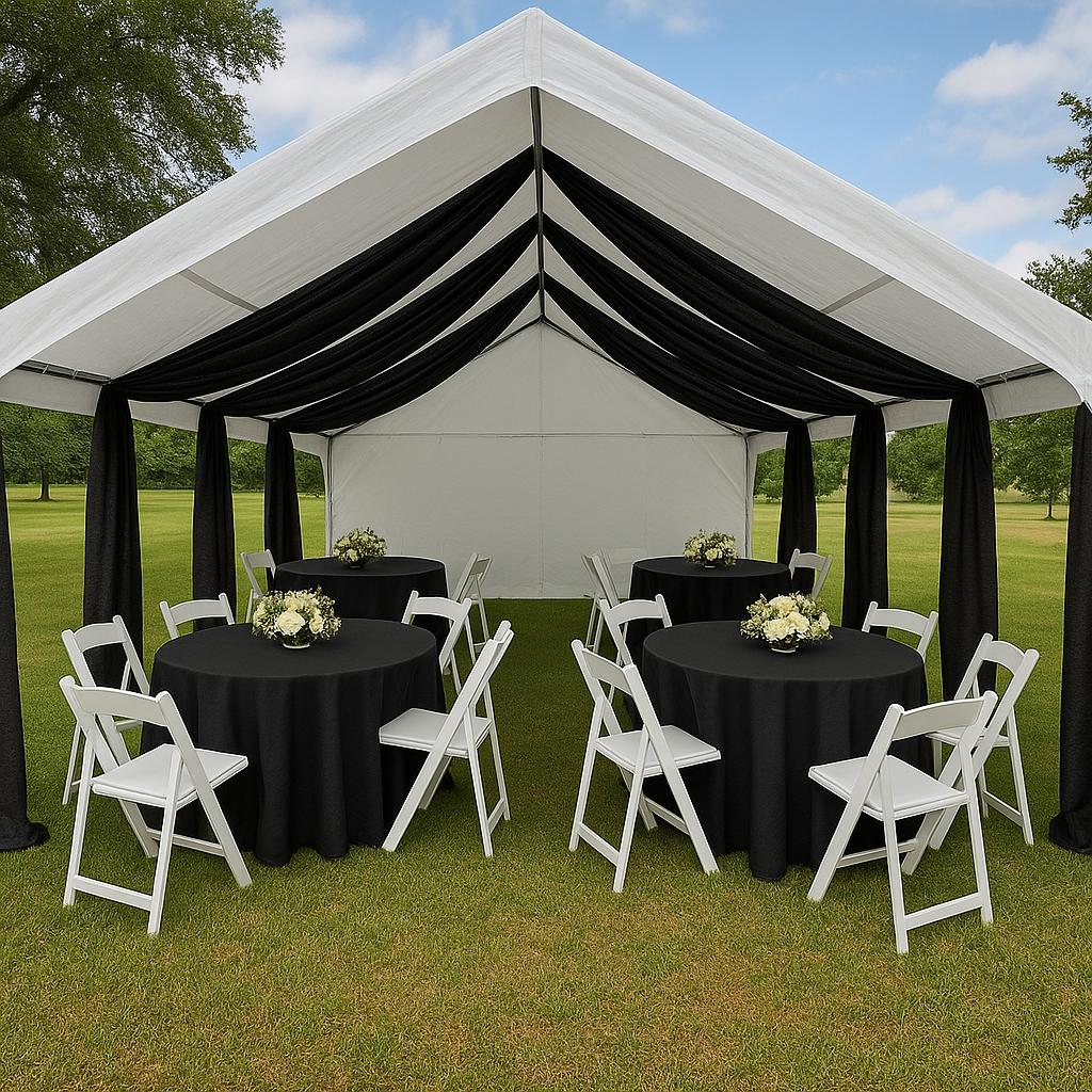 20x20 Parcial Draping- 24 Guest, 4 Draping Panel,4 Table,4 Tablecloth,24 Garden Chair, 1 Chandelier