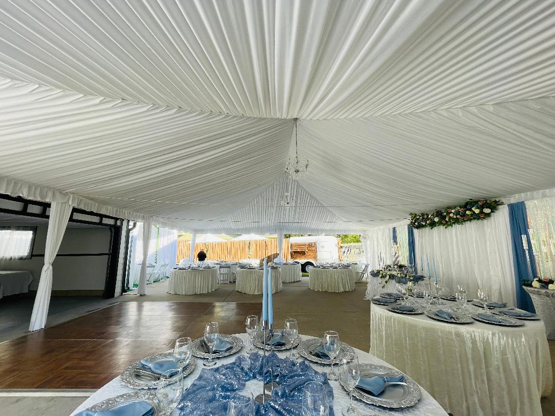 40x60 Tent Draping-200 Guest 24 Table,24 Tablecloth,24 Runner,200 Garden Chair,6 Chandelier,