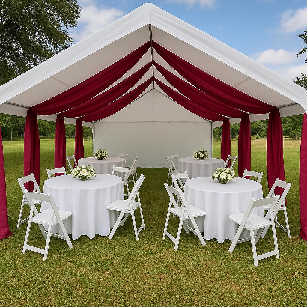 20x20 Tent Parcial Draping-24 Guest,24 Panel Draping, 4 Round Table,4 Tablecloth, 24 Garden Chairs