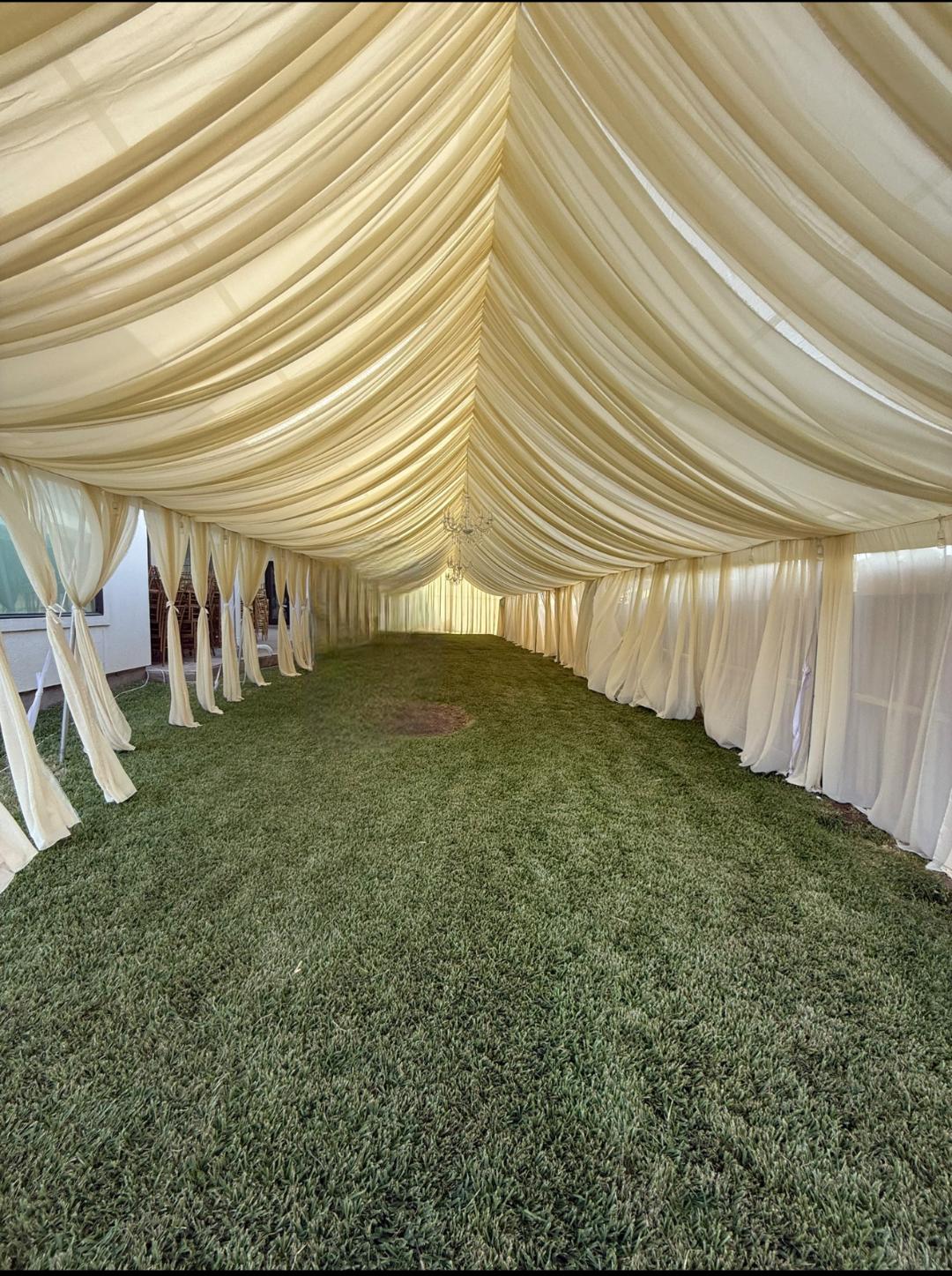 20x60 Tent Draping-100 Guest20x60 Tent With Draping 12 Table Round Rectangle ,12 Tablecloth ,12 Runner or Overlay, 3 Chandelier,100 Garden Chairs