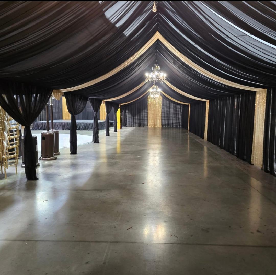 20x80 Ten Draping-120 Guests 20x80 Tent With Draping 16 Table round or Rectangle ,16 Tablecloth ,16 Overlay or Runner, 120 Garden Chairs, 3 Chandelier