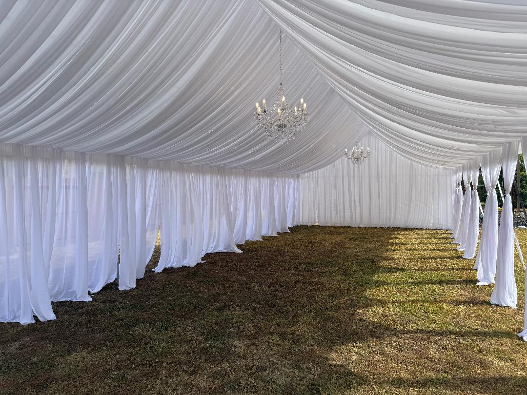 40x40 Tent Draping -150 Guests, 16 Round Tables, 150 Resin Folding Chairs, 3 Chandeliers, 16 Round Tablecloths, ​16 Overlays or Runners