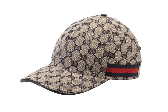 Casquette marron à motifs et bandes noires et rouges style Guccie