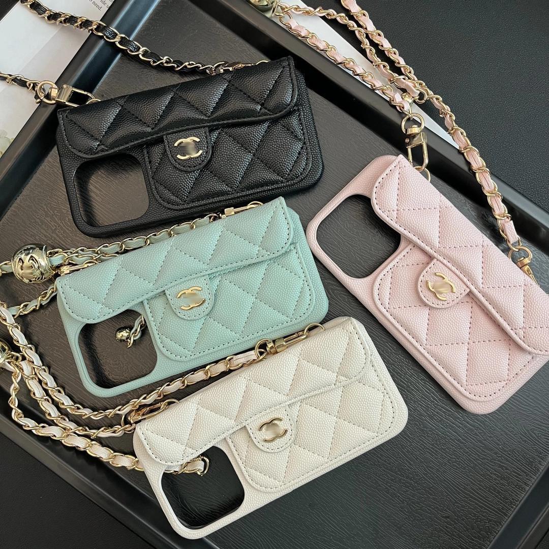 Coque de téléphone élégante en cuir blanc, noir, beige, bleu, type bandoulière, style Chanell