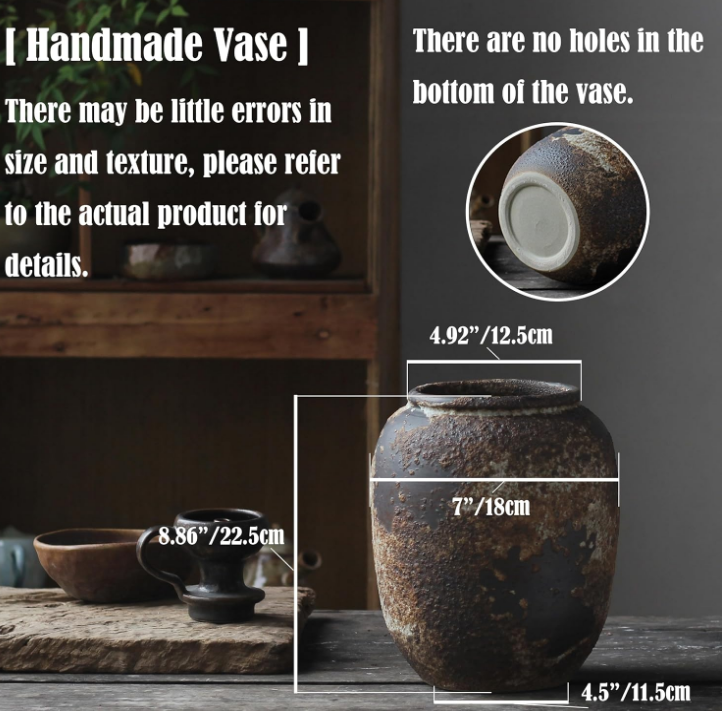 Rustic Vase for Home Decor, Farmhouse Terracotta Vases, Large Ceramic Vase for Living Room Decor, Black Pottery Vase Large Clay Vase, Rustic Farmhouse Tabletop Decor(B-22cm)