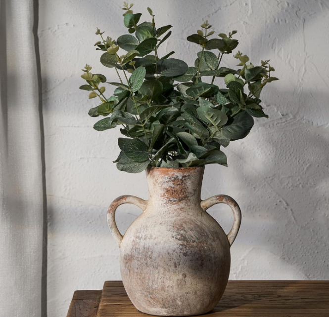 Rustic Ceramic Farmhouse Flower Vase with 2 Handles, Whitewashed Terra Cotta Vase, Decorative Pottery Flower Vase for Home Decor, Table, Living Room, Shelf Decor, 7.3 Inch, Terra