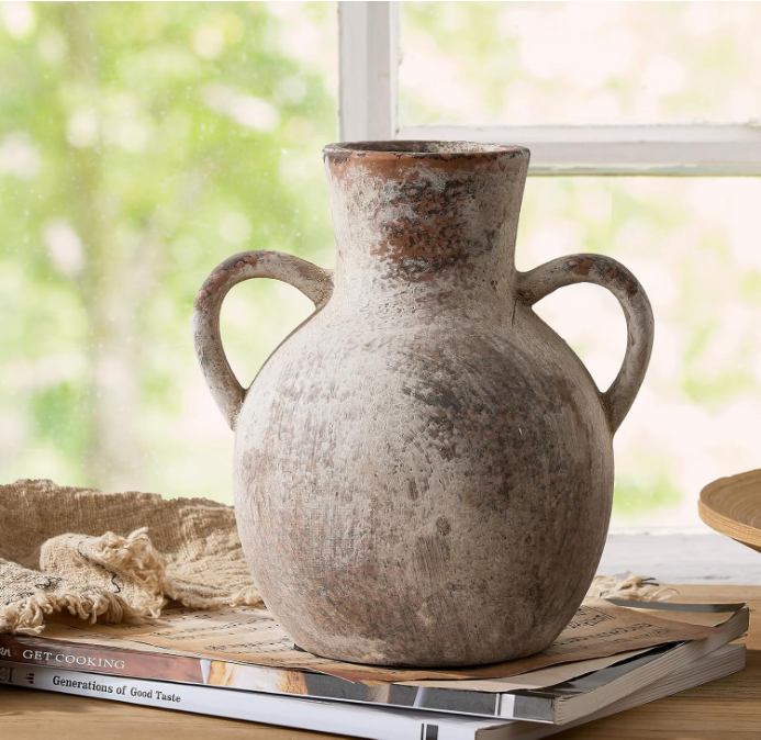 Rustic Ceramic Farmhouse Flower Vase with 2 Handles, Whitewashed Terra Cotta Vase, Decorative Pottery Flower Vase for Home Decor, Table, Living Room, Shelf Decor, 7.3 Inch, Terra