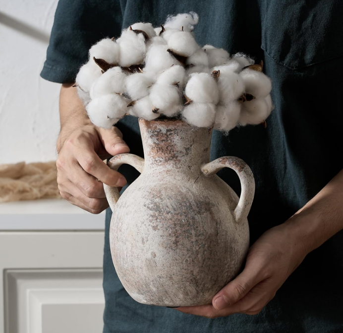 Rustic Ceramic Farmhouse Flower Vase with 2 Handles, Whitewashed Terra Cotta Vase, Decorative Pottery Flower Vase for Home Decor, Table, Living Room, Shelf Decor, 7.3 Inch, Terra