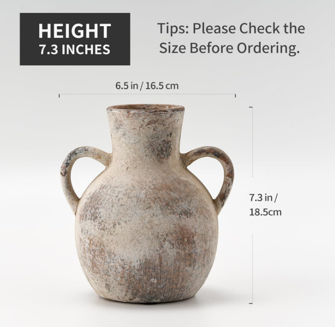 Rustic Ceramic Farmhouse Flower Vase with 2 Handles, Whitewashed Terra Cotta Vase, Decorative Pottery Flower Vase for Home Decor, Table, Living Room, Shelf Decor, 7.3 Inch, Terra