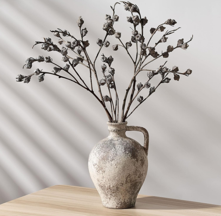 Antique Ceramic Vase, 8.3 Inch Terracotta Vase with Handle, Boho Decor Decorative Vase, Rustic Vase for Home Decor, Farmhouse, Living Room, Floor, Wedding, Christmas- Gray