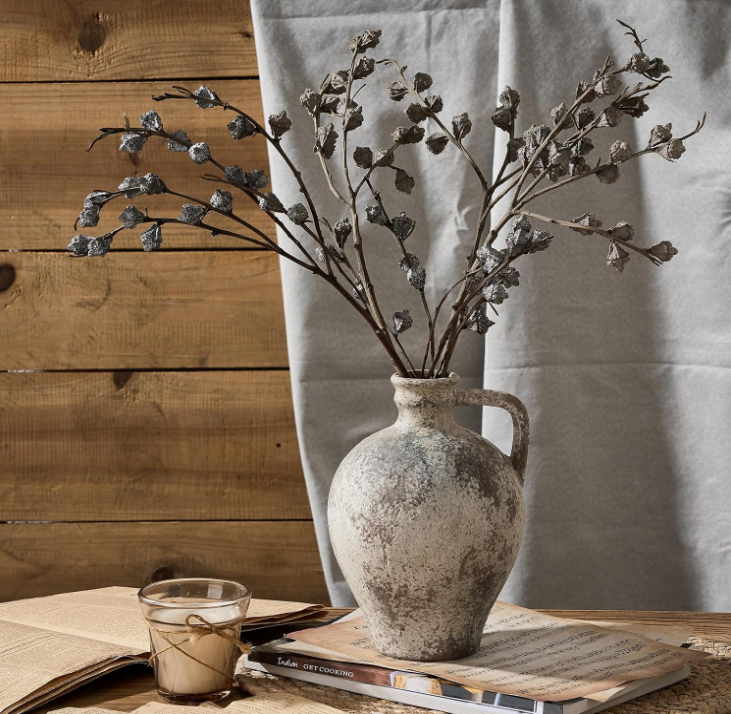 Antique Ceramic Vase, 8.3 Inch Terracotta Vase with Handle, Boho Decor Decorative Vase, Rustic Vase for Home Decor, Farmhouse, Living Room, Floor, Wedding, Christmas- Gray